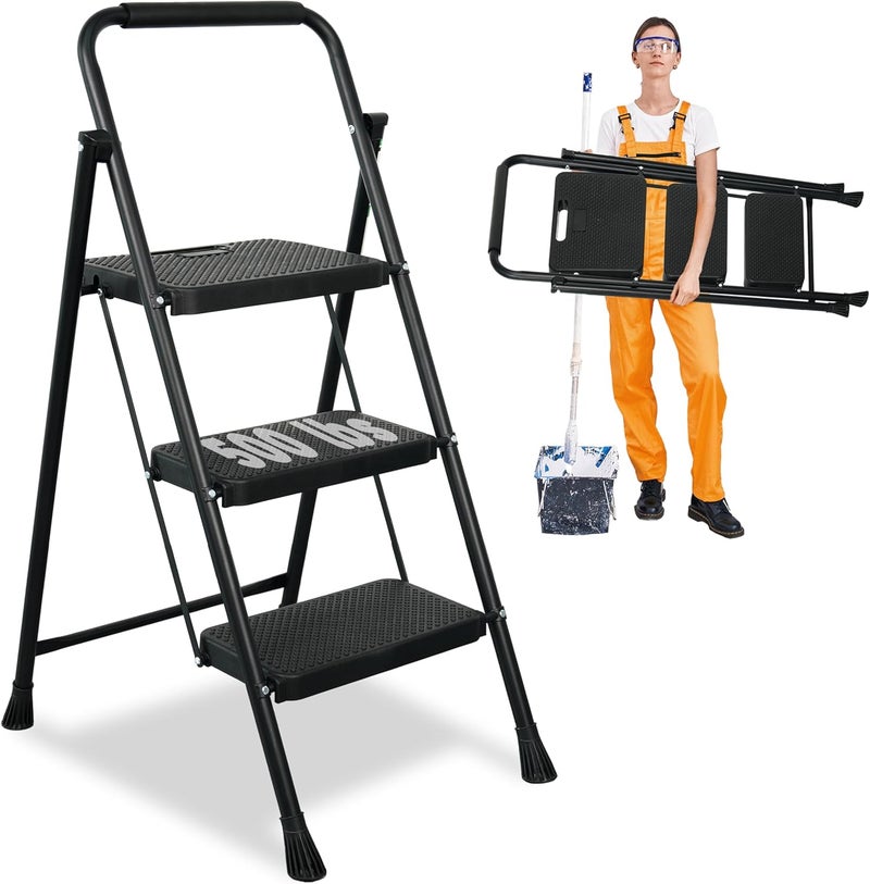 Arbusb 3 Step Ladder, Portable Steel Folding Stool with Wide Anti-Slip Pedal, 500lbs Sturdy Steel Ladder, Black - Image 1